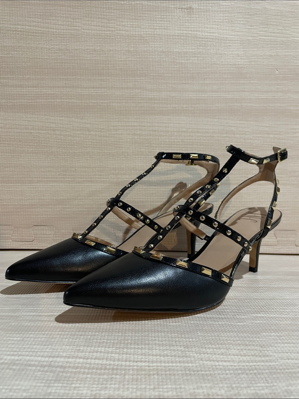 INC International Concepts Black Pointed-Toe Rockstud T-Strap Heels